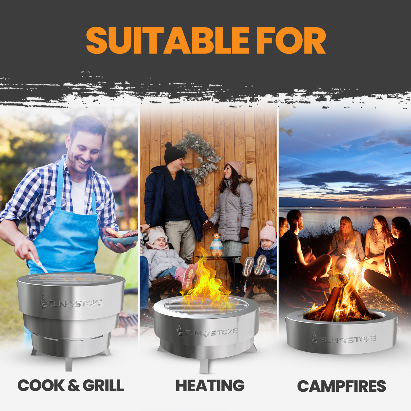 Slinky Stove - Fogón portátil sin humo de 17" con bolsa de transporte, diseño de acero inoxidable plegable para acampar, patio trasero, fogatas y leña al aire libre - Ligero para un uso fácil