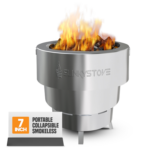 Slinky Stove - Fogón portátil sin humo de 7" con bolsa de transporte, diseño de acero inoxidable plegable para acampar, patio trasero, fogatas y leña al aire libre - Ligero para un uso fácil